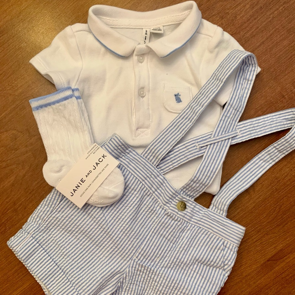 Janie and Jack Baby Boy 3-6 Month Polo Onesie Seer Sucker Suspender and Sock set